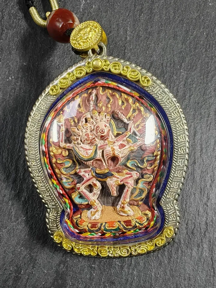 Gandhanra Hand Painted Tibetan Gau Ghau Shrine,Consecration Citipati Skull Lords Amulet,Mini Tibetan Buddhist Altar Pendant