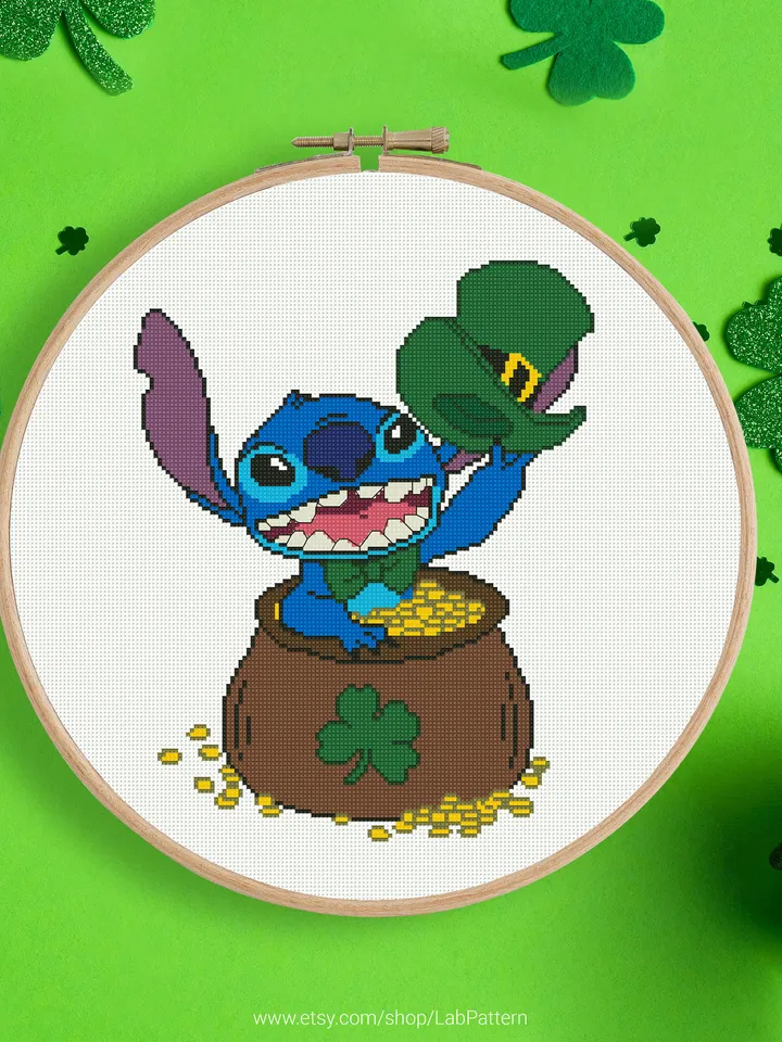 Lilo and Stitch, Saint Patrick Day, cross stitch pattern, baby, Ireland, nursery decor, counted, chart, gift DIY, embroidery, instant PDF