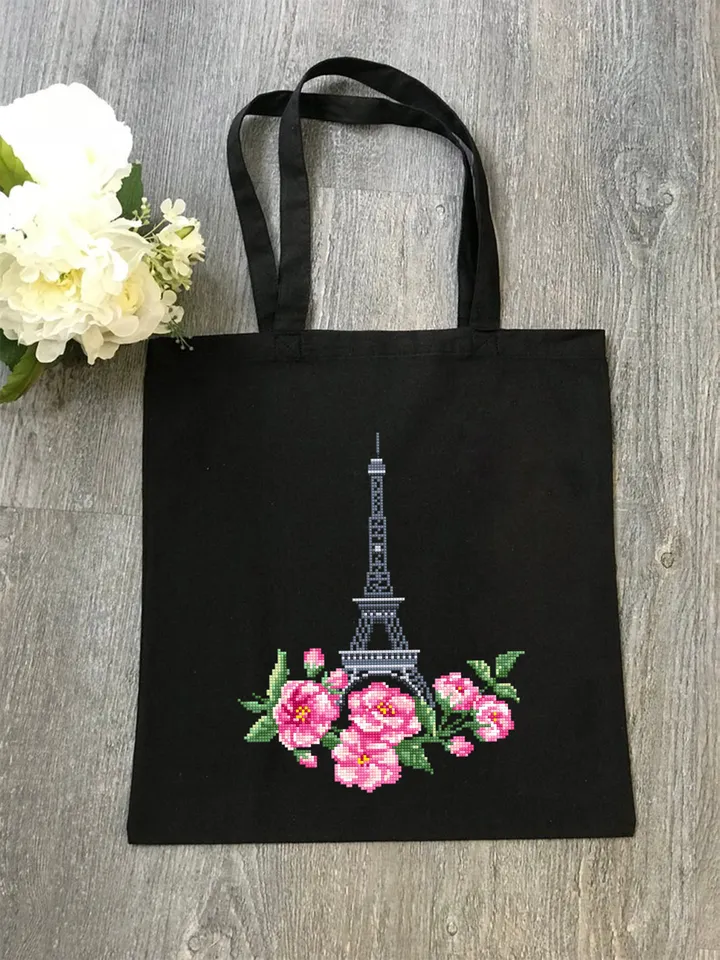 Eiffel Tower cross stitch pattern PDF download Sakura flowers cross stitch Spring beginner stitch Modern France embroidery Paris decor #E3