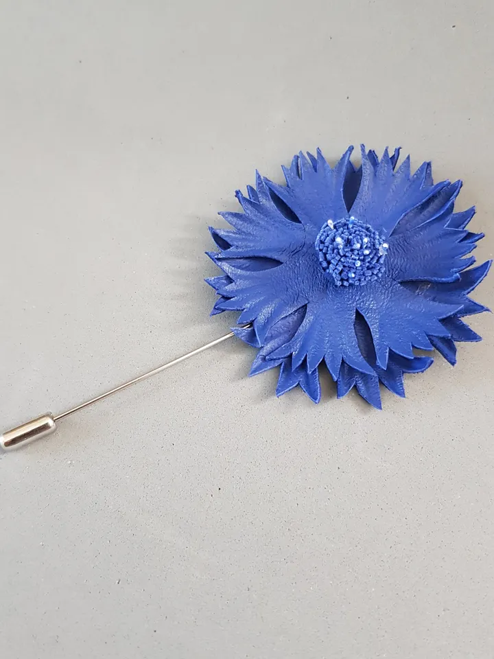Blue cornflower men's lapel pin Leather boutonniere for him 3rd anniversary gift