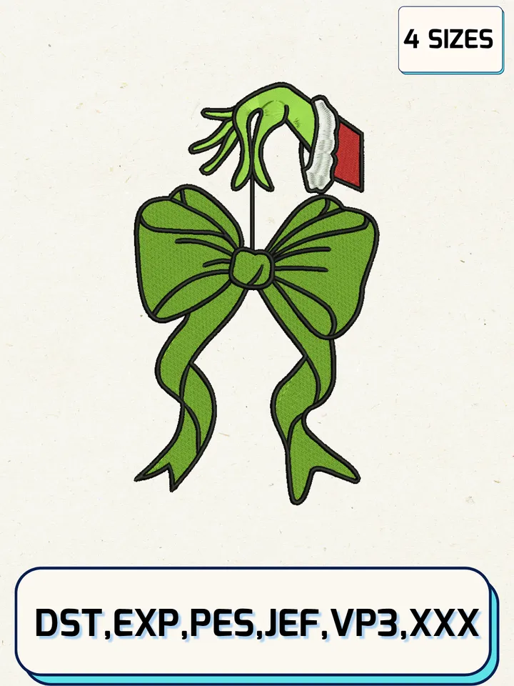 Grinch Hand With Coquette Bow Christmas Embroidery Design,Christmas Embroidery Designs,Machine Embroidery Files,Grinch Embroidery Design,4 Sizes