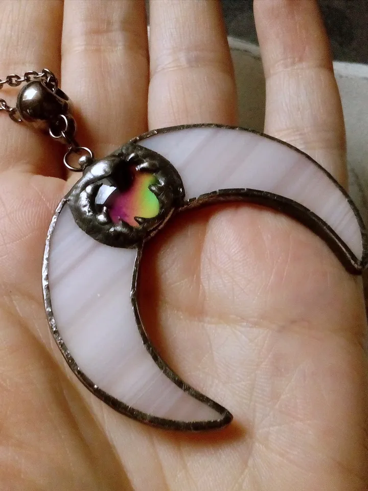 Stained glass moon, Mood stone crescent, Moon phase necklace, Stainglass crescent, Full moon