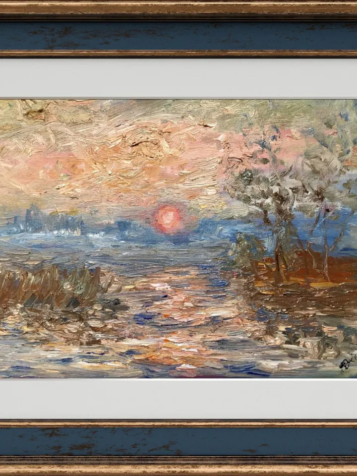 Sunset on the river,original oil painting on canvas board,landscape oil painting