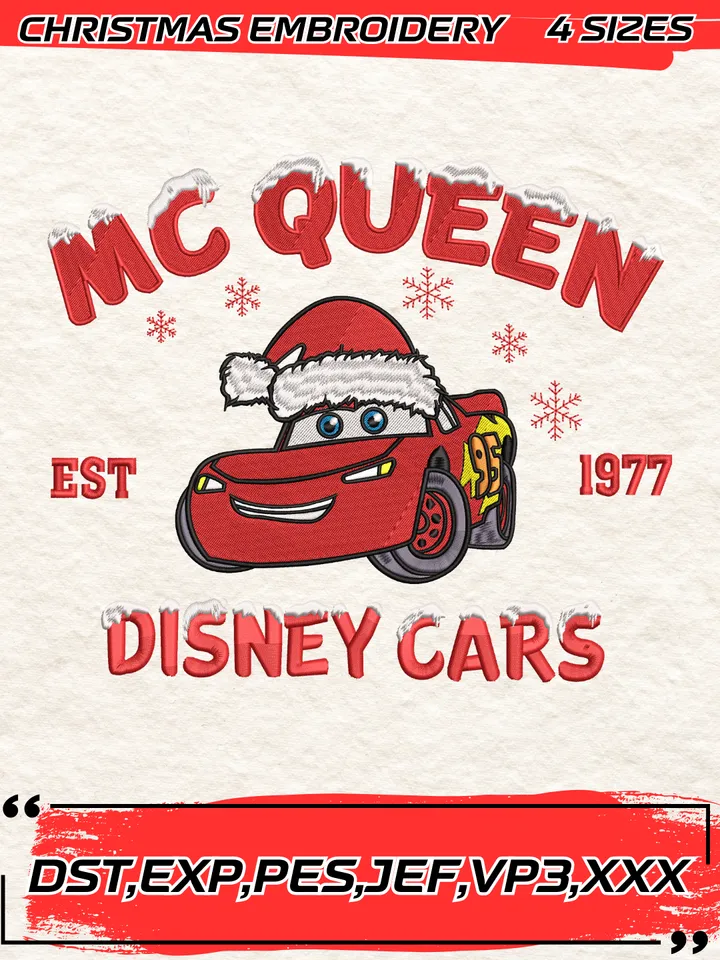 Christmas Cars Mc Queen Est.1977 Embroidery Design,Christmas Embroidery Design,4 Sizes, Digital Download