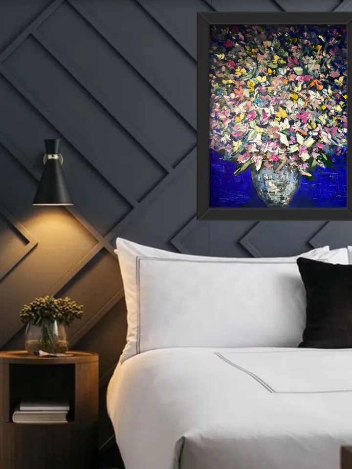 Flowers in a vase on blue background,posters from my original oil impasto painting on canvas,textured painting,colourful flowers wall art.