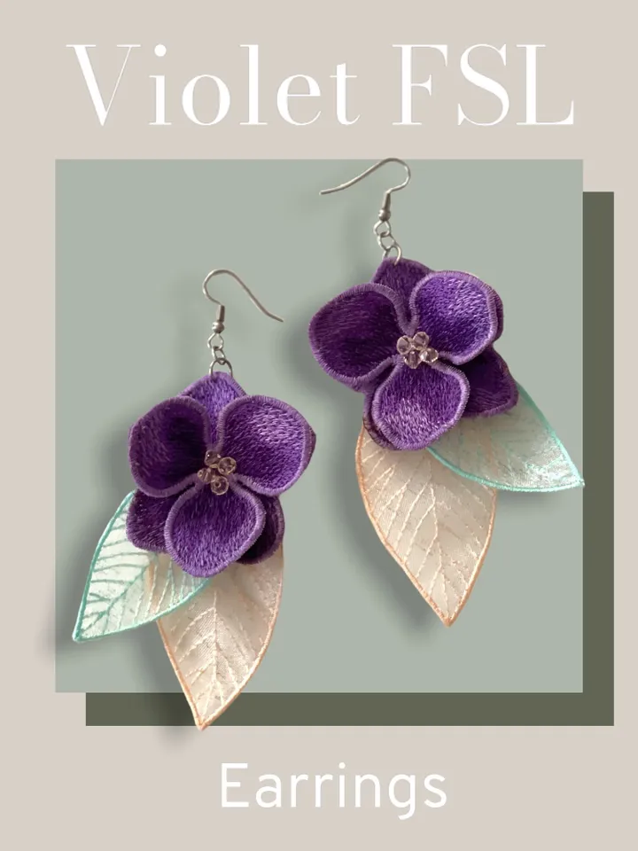 Machine embroidery design violets earrings Digital embroidery pattern Flower motif 3D embroidery chart butterfly embroidery design