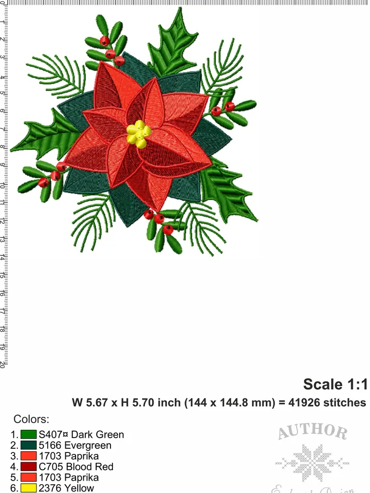 Christmas Poinsettia embroidery design Machine embroidery pattern 7 sizes, Christmas embroidery file, Red flower Poinsettia pattern #R3
