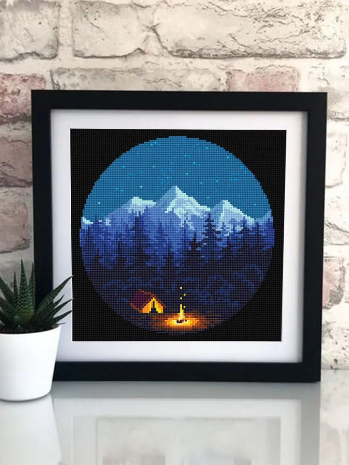 Nature cross stitch pattern download PDF Mountain landscape cross stitch Camping tent xstitch chart Night nature PDF Travel home decor #L43