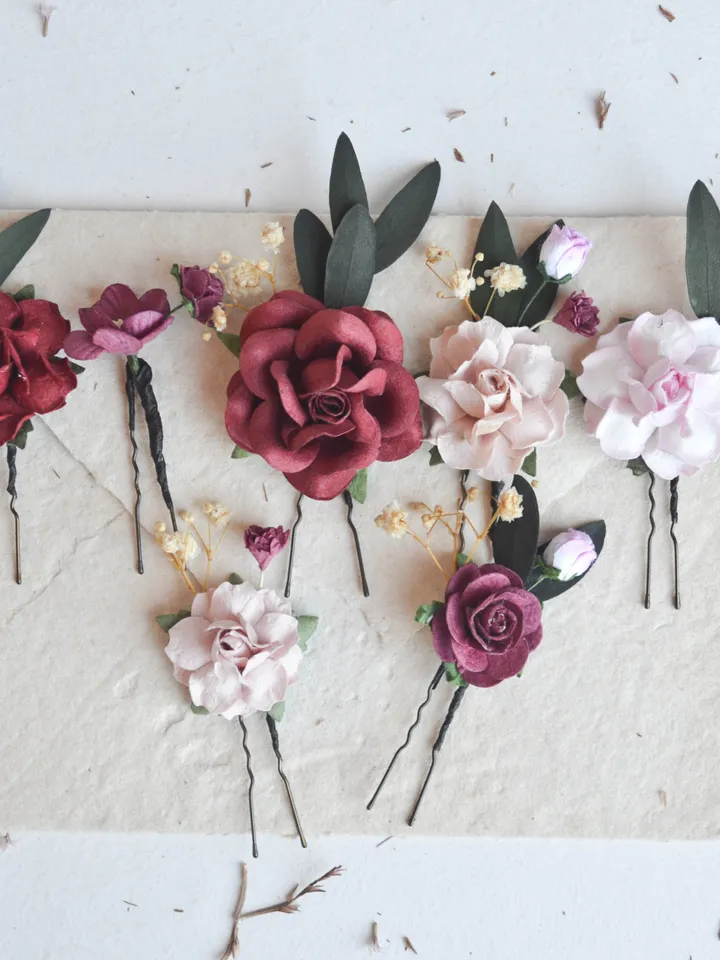 Burgundy Blush hair pins, Bridal hair pins, Floral hair pins, Bridesmaid hair pin, Set of hair pins, Floral hair pin