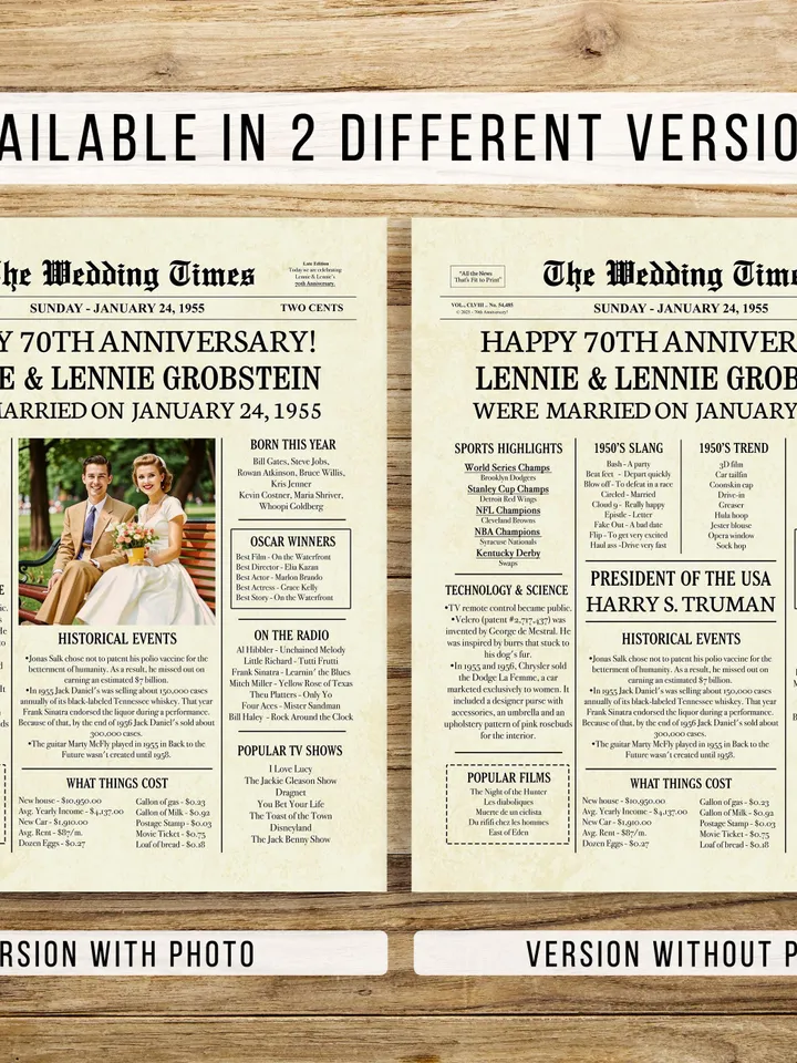 70th Wedding Anniversary Gift for Couple, 1955 Anniversary Newspaper, 70th Anniversary Decorations, Digital Printable Poster