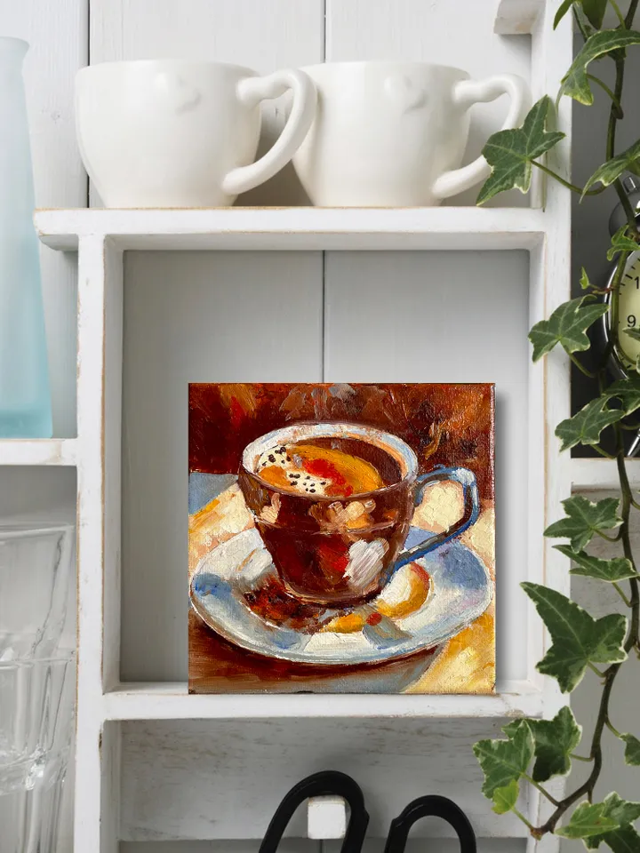 Coffee Cup Oil Painting, Small Original Kitchen Wall Decor, Bar Cart Decor 6"x6"