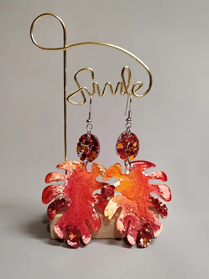 Monster leaf earrings, orange colored earrings, stylish earrings