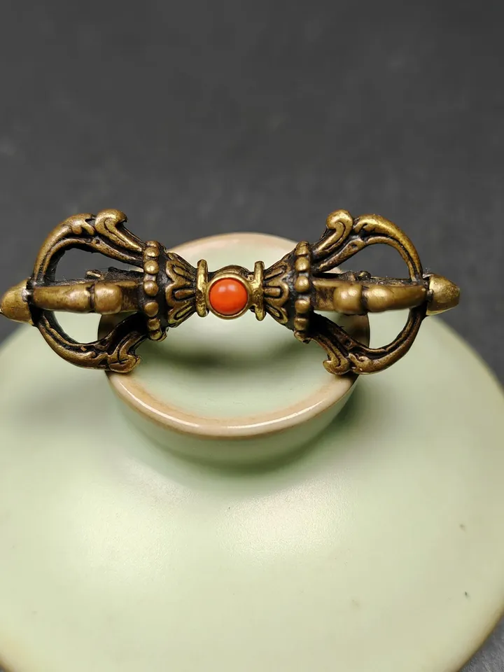 Tibetan Vajra Dorje Amulet - Antique Brass Buddha Protective Charm Inlaid with Agate | 2.0 Inches | Spiritual Gift from Tibet