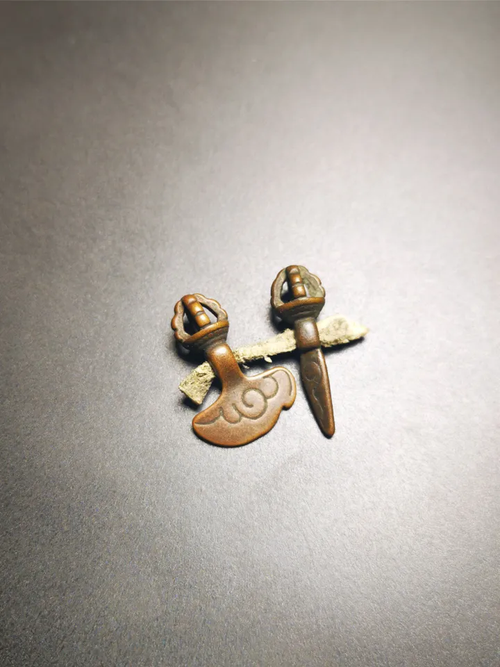 Gandhanra Antique Tibetan Amulet,Mini Phurba and Kartika(knife of the dakinis) ,for Prayer Bead Counter,Mala Accessories, Made of Red Copper