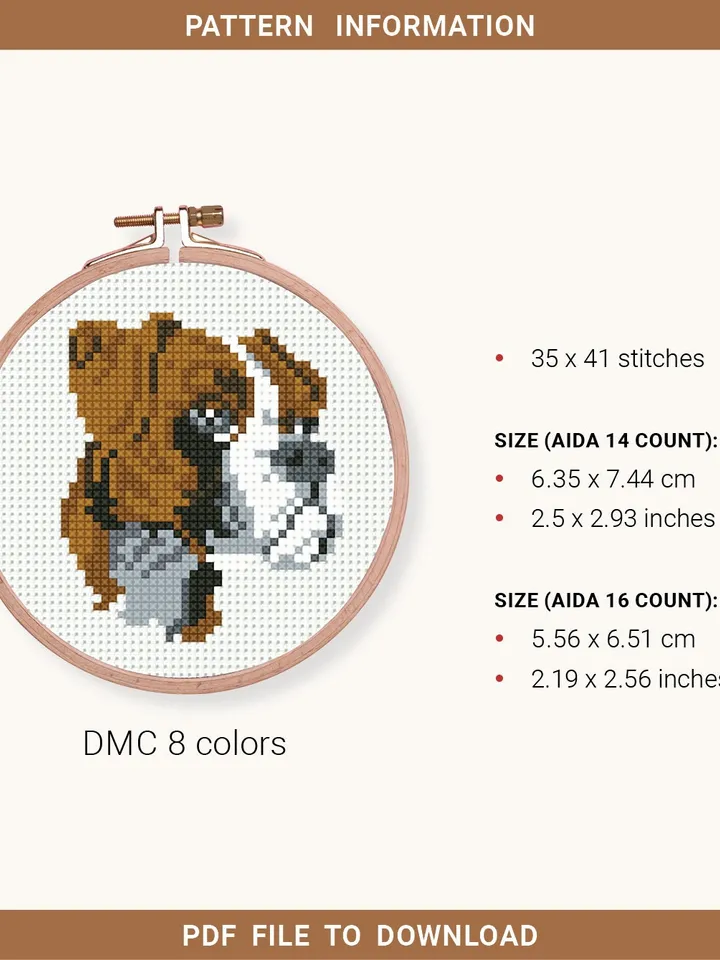 Boxer breed Mini Cross stitch pattern, contemporary dog pet, animal, beginner counted, modern chart, gift DIY, embroidery, instant PDF