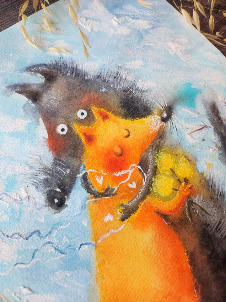 27x27cm Artwork by Julia Schigal "The Spring Date" - watercolor, gouache, pastel