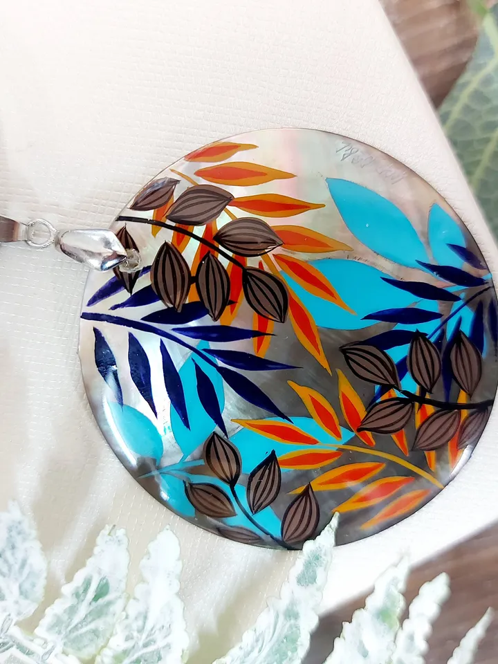 Pearl pendant necklace: Fall leaves motif painted on handmade necklace. Autumn pendant for dainty dress. Nature jewelry handcrafted on shell