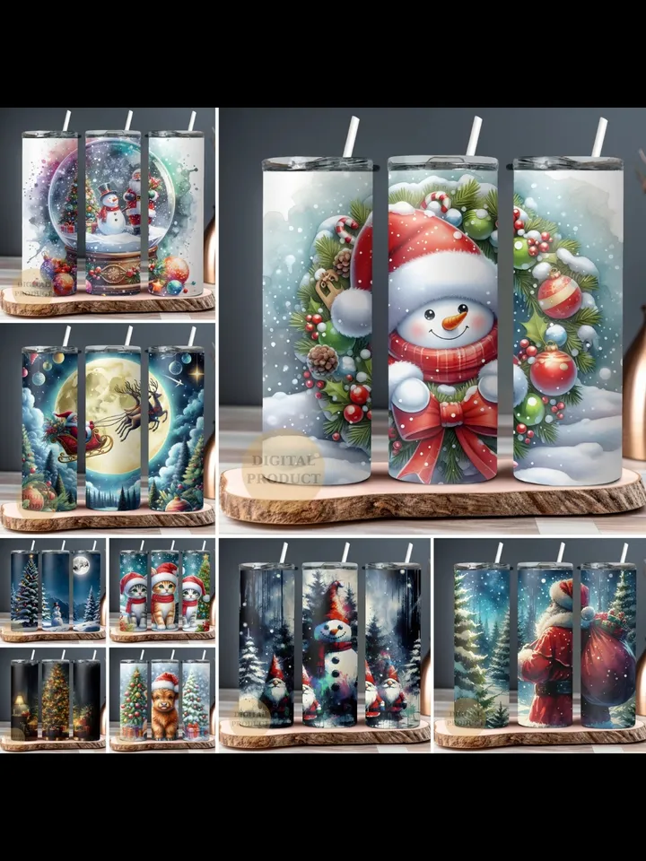 10 Christmas 20 Oz Tumbler Wrap png Bundle, Christmas Sublimation Designs for Tumblers, Santa with Sleigh, Christmas Gnomes with Santa Cat