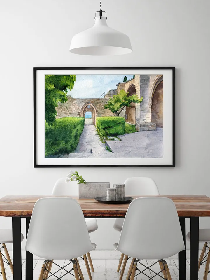 Printables, Ruins of the old fortress, Watercolor digital file, Urban landscape, Views of Northern Cyprus, Large poster