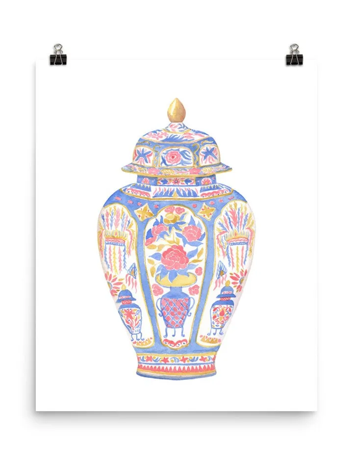 Blue Chinoiserie Vase Watercolor Painting, Pink Ginger Jar Art, Chinoiserie Chic Art, Hamptons Style, Vintage Chinoiserie, Charleston Art