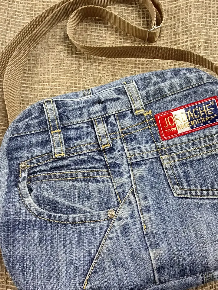 Unusual cute handmade denim bag with pockets - adjustable strap