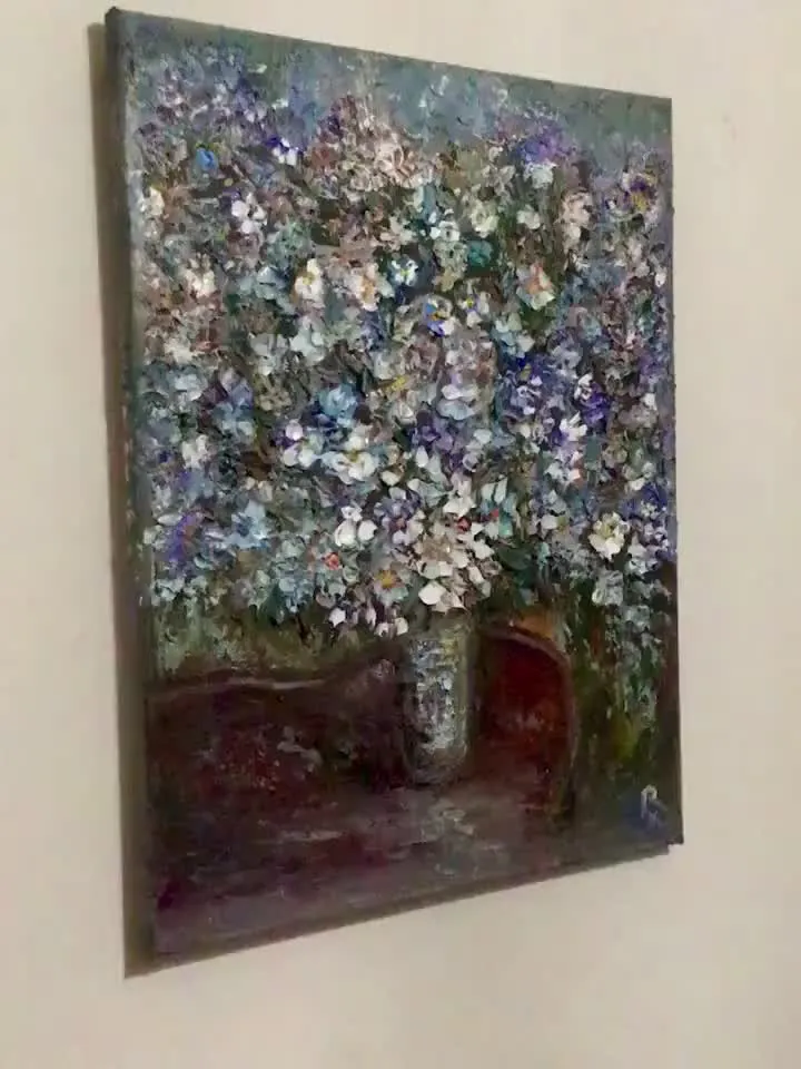 Bouquet of white and blue flowers in a vase,original oil impasto style painting impressionistic wall art,wall hanging,unique gift.