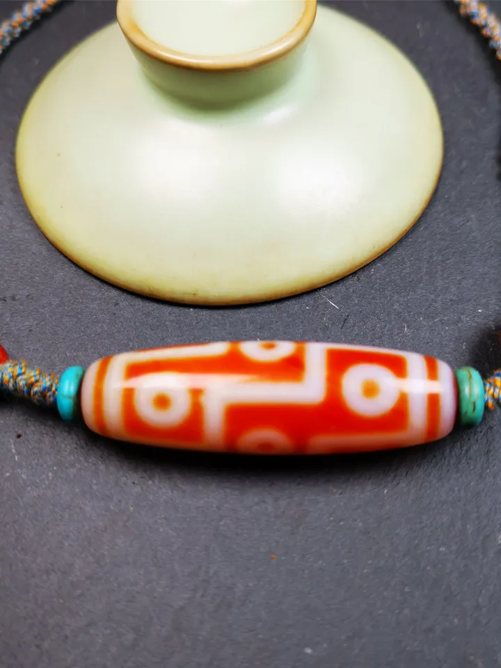 Gandhanra Unique Tibetan Fire Agate 9 Eyes Dzi Bead Necklace,1.93&quot; x 0.59&quot;