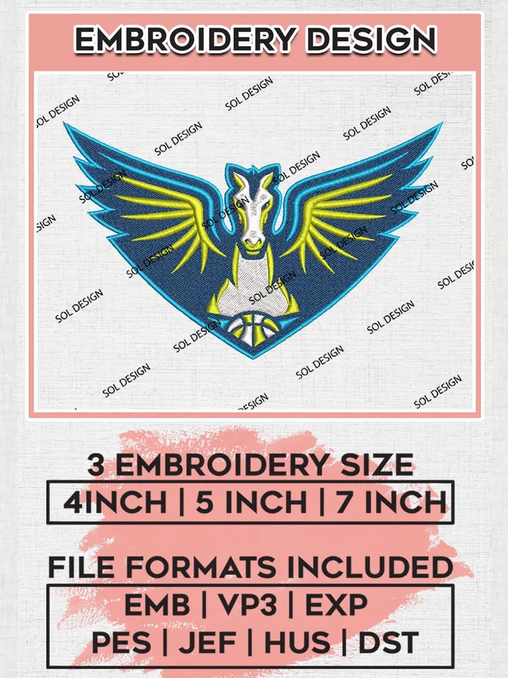 WNBA Dallas Wings Logo Embroidery Files, WNBA Dallas Team Embroidery Designs, Basketball Teams, 3 sizes, WNBA Machine embroidery designs, Digital Download