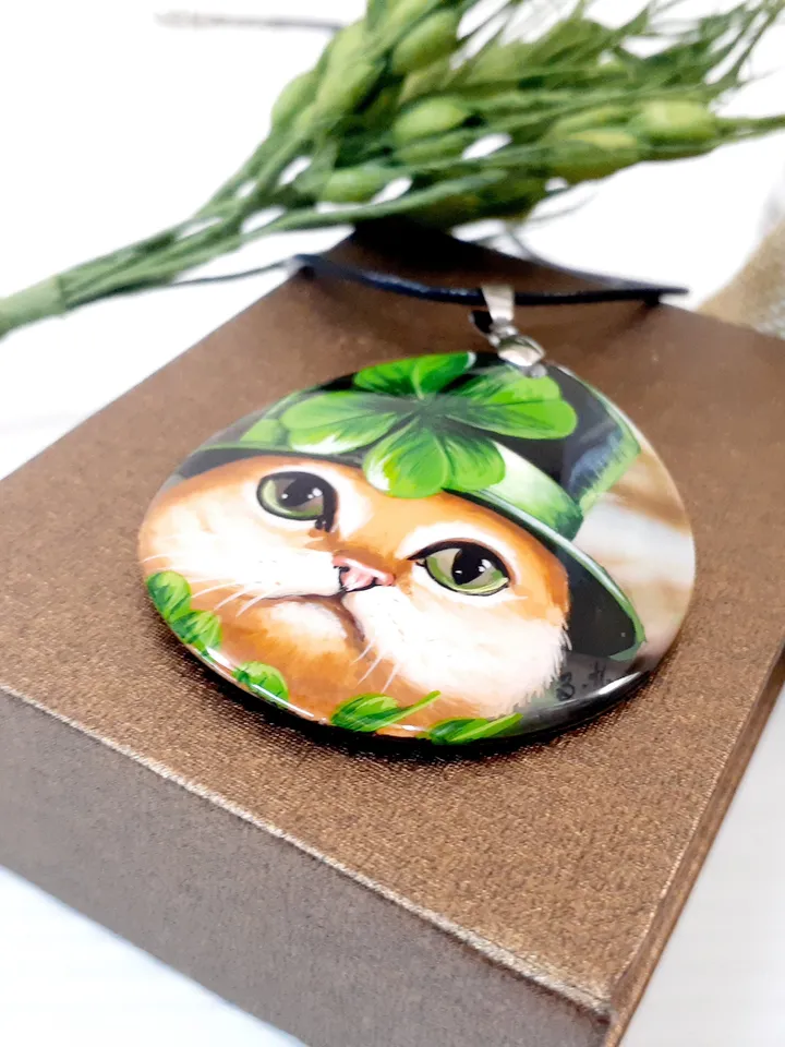 Pearl pendant necklace: Red Cat in the Hat. St Patrick's Day jewelry handmade for luck. Cute funny pendant with cat. Elegant dainty pendant