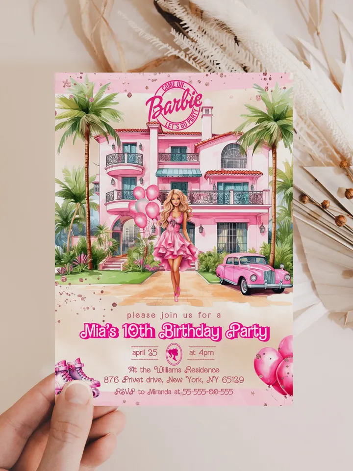 Doll Party Birthday Invitation; hot pink doll party birthday invitation editable template; cute doll girl birthday party bar12