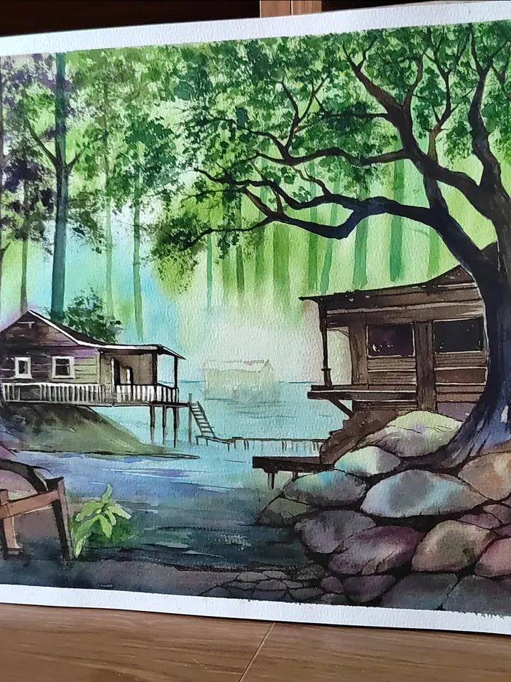 Original Watercolor Painting Forest Landscape Art Fairy Place Artwork 30x40 cm by SoftWaves