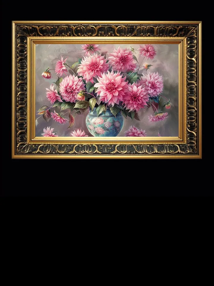 Bouquet of pink dahlias in a vase watercolor drawing, digital illustration, digital painting , wall art decoration. AI