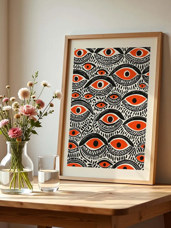 Bold Eye Wall Art, Psychedelic Eye Poster, Tribal Orange, Black Digital Print, Surreal Eye Illustration, Instant Download, crazy eyes art
