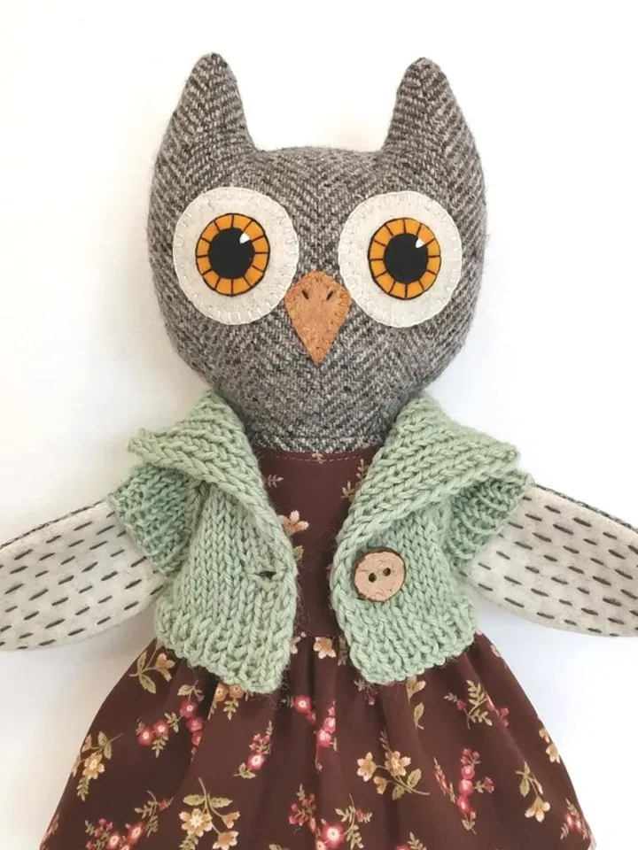 Owl girl, plush stuffed doll, handmade textile bird toy, owl soft toy