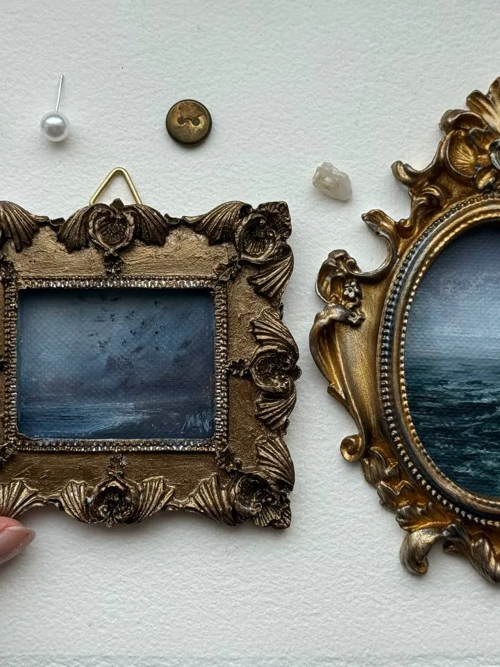 Small Landscape Oil Painting Framed Original Dark Ocean Art Coastal Antique Frame Tiny Paintings 3 x 4 Art Victorian artwork