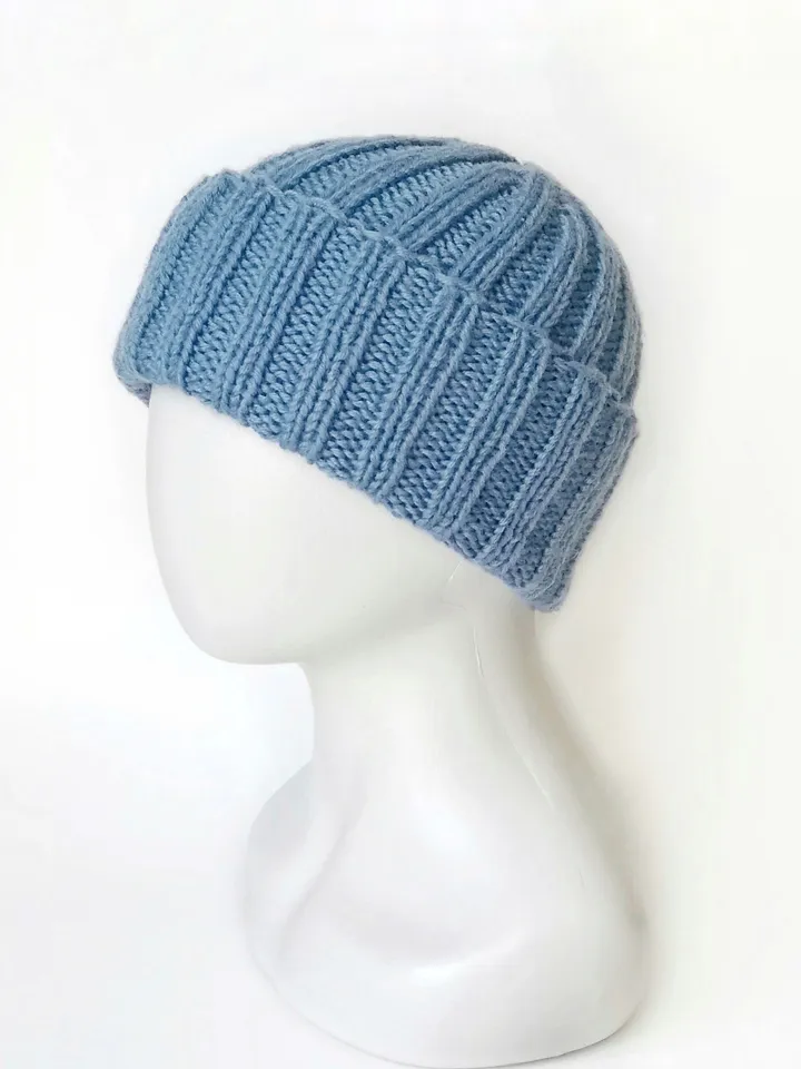 Handcrafted Light Blue Men's Winter Beanie: Luxurious Cashmere-Merino Wool Blend, Ribbed Texture, Cozy and Warm Knit Hat. FREE SHIPPING!