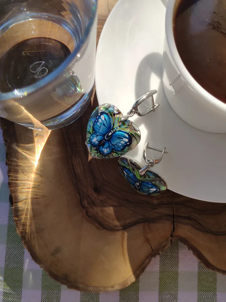 Pearl earrings: Dainty Butterfly Earrings dangle hand painted on Mother of Haliotis pearl • Heart shaped cute Art earrings for elegant women
