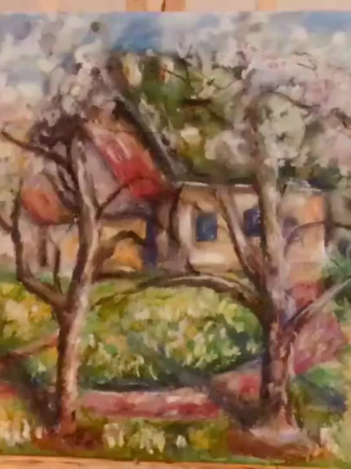 Apple trees and countryside original oil pastel painting,landscape village painting,blossom trees,countryside wall art,one of a kind.