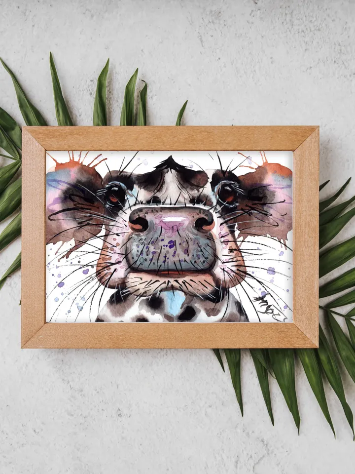 Cow original watercolor, cow painting, small handmade wall decor, 4x6 in small art for animal lovers by Anne Gorywine