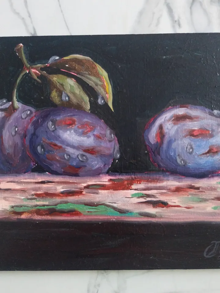Original plum oil painting, Bright Fruit with water drops miniature art, Small fine art on panel