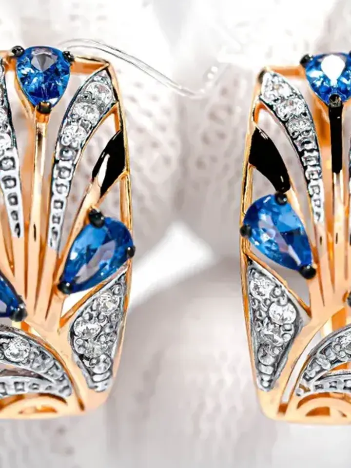 Earrings Silver gold plated 925 assay value with tanzanite and cubic zirconia