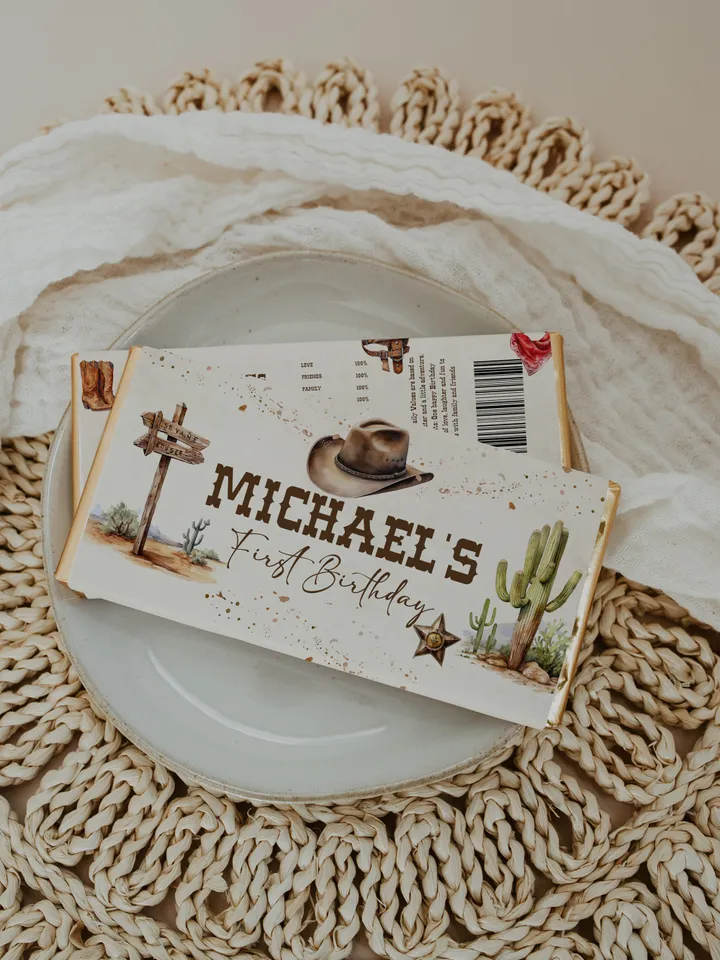 Editable Chocolate Wrap Label First Rodeo Birthday party label; Wild West Cowboy Party; Our Little Cowboy is One Party Birthday ; fr12