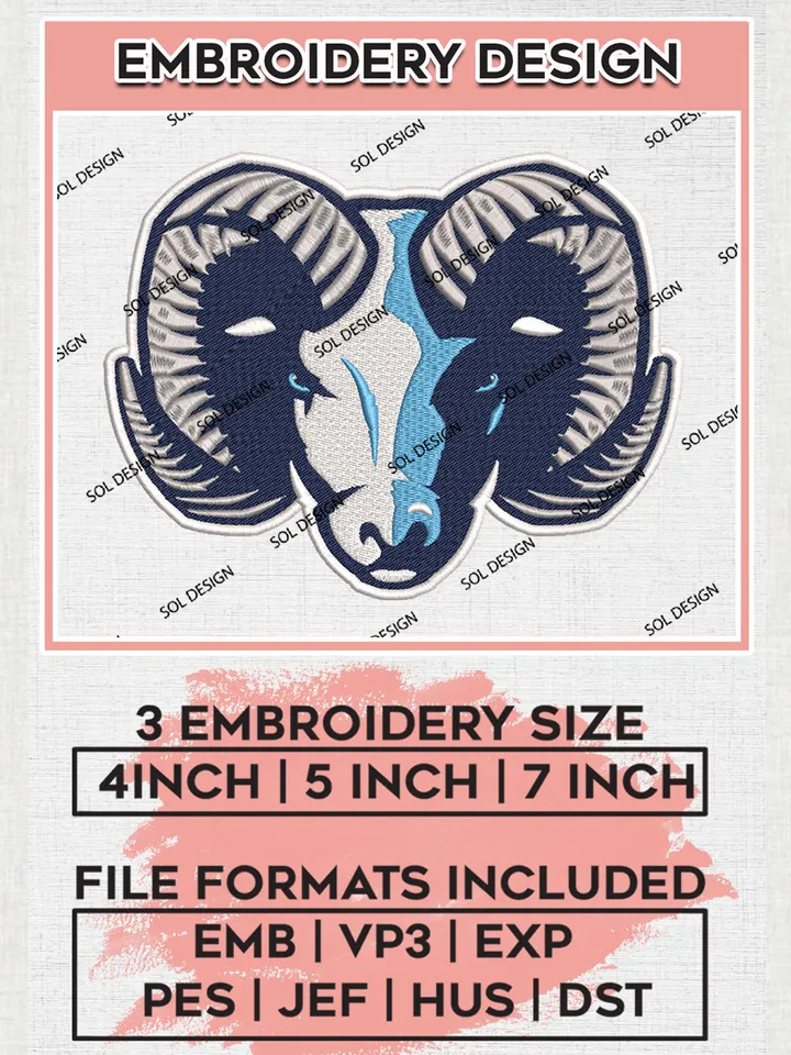NCAA Rhode Island Rams Team Head Mascot Logo Embroidery Design Files, NCAA Rhode Island Rams Machine Embroidery, NCAA Teams, 3 sizes, NCAA Machine embroidery designs, Digital Download