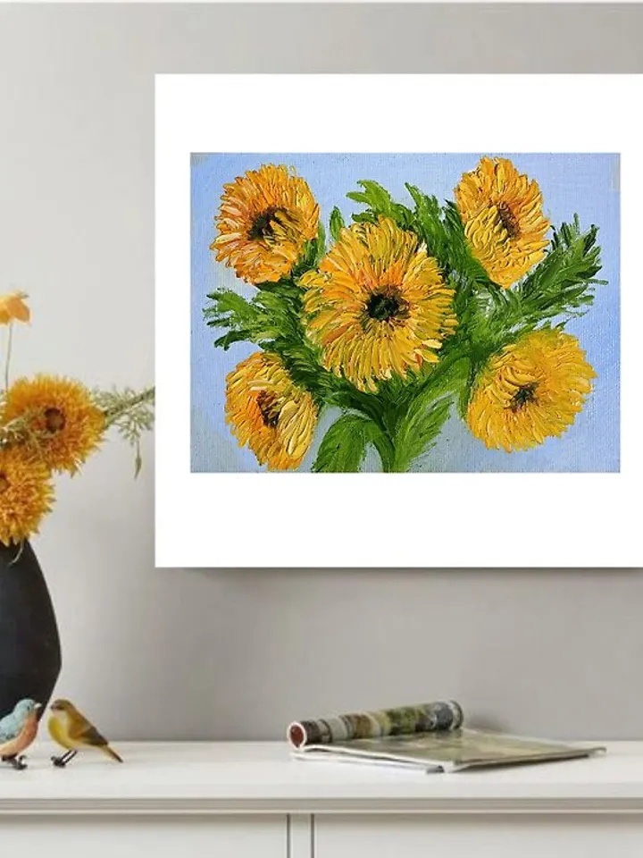 Oil Painting Bright Flowers Chamomile Sunflowers Impasto Art Miniature 20x30 cm