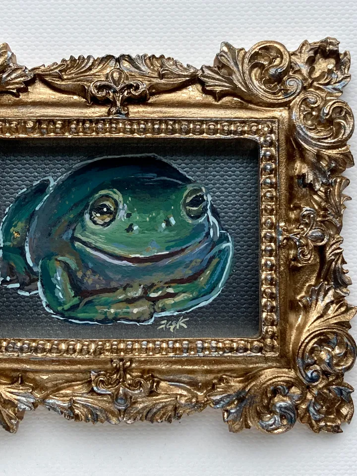 Framed Frog Painting Original Green Frog Artwork Amphibians Art Gouache Painting