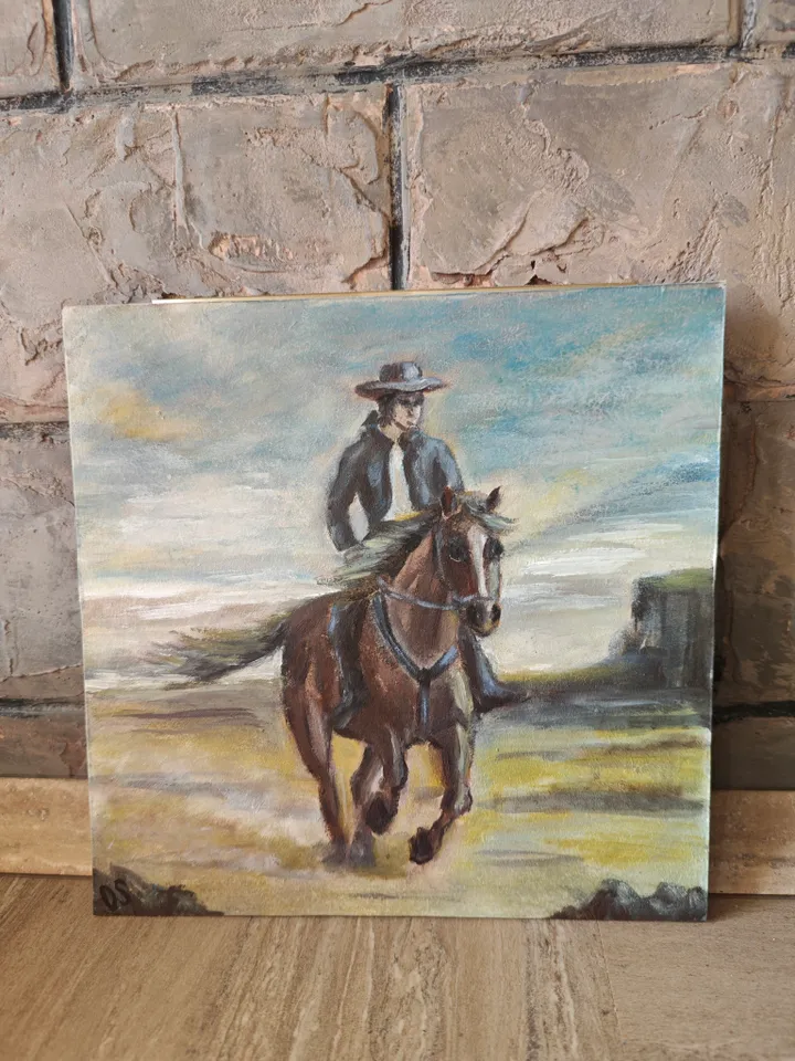 Cowboy On Horse Original Painting Riding Horse Cowboy Original Art Animal Artwork Rider Horse Oil Painting Horse And Cowboy Wall Decor Art 8 x 8 inches by OlgaSokolovaArt