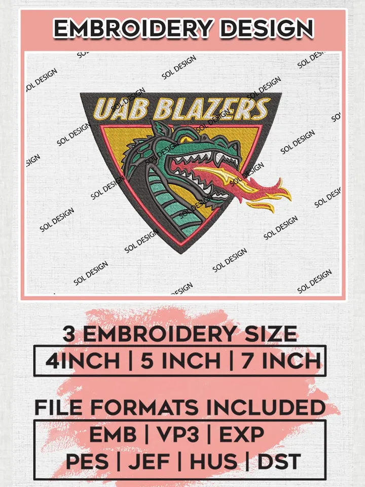 UAB Blazers NCAA Team Logo Machine Embroidery Design, NCAA UAB Blazers Team Design Design files, NCAA Team Embroidery Designs, NCAA Machine Embroidery Designs, Digital Download