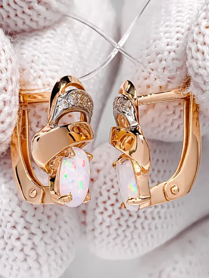 Earrings jewelry Silver gold plated 925 assay value with opal and cubic zirconia