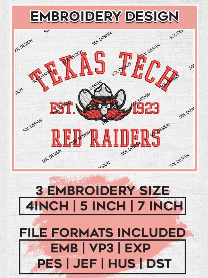 Texas Tech Red Raiders Est 1923 Logo Embroidery Designs, NCAA Texas Tech Red Raiders Team Embroidery, NCAA Team Logo, 3 sizes, Machine embroidery Files, Digital Download