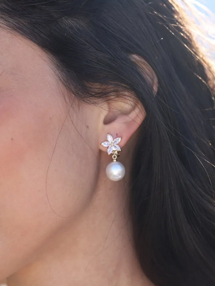 Swarovski Crystal Flower Clip-on Wedding Earrings | Gold Floral Bridal Earrings | Pearl Wedding Jewelry, Floral Bridal Jewelry, Gift For Her